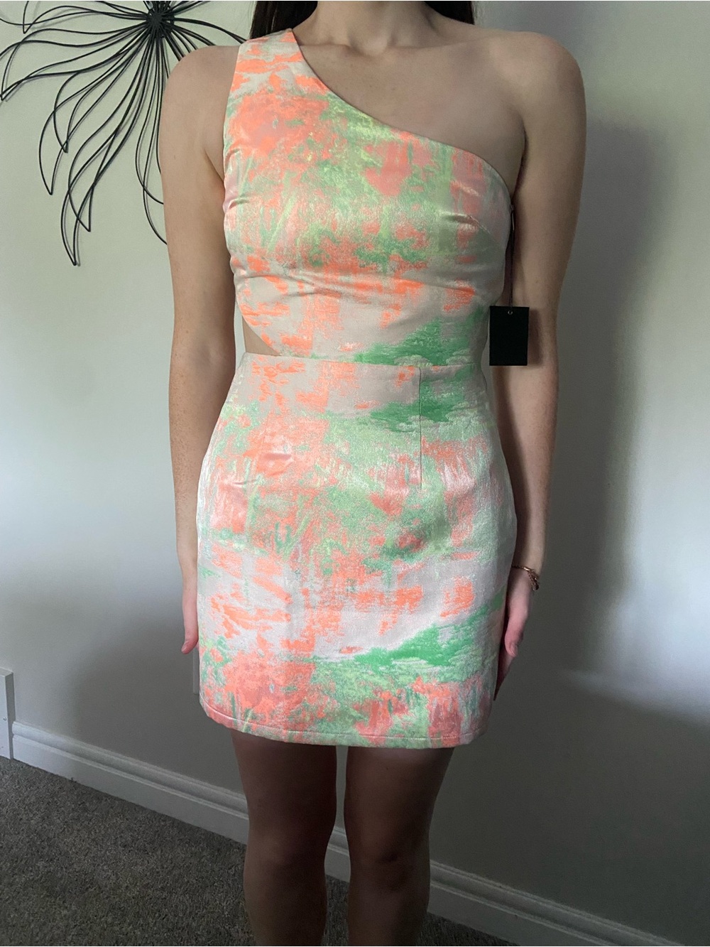 Cutout Mini dress size medium orange and green watercolour-style one shoulder